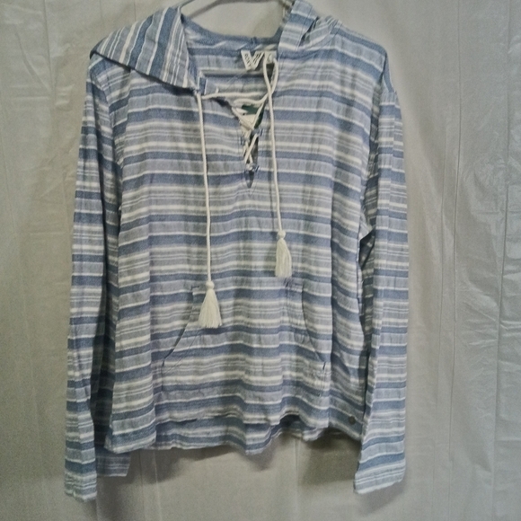 ROXY Paradise Calling Woven Poncho Hoodie Bijou Blue River Stripe Size M NWT - Picture 3 of 14